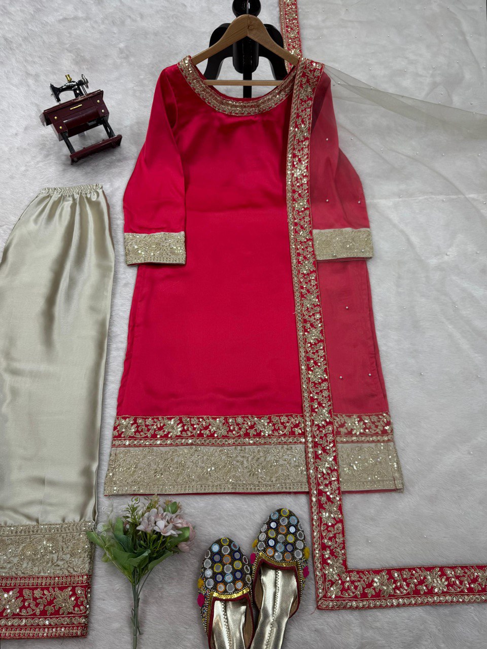 Satin Silk Set featuring a  designed top, pent, papatta