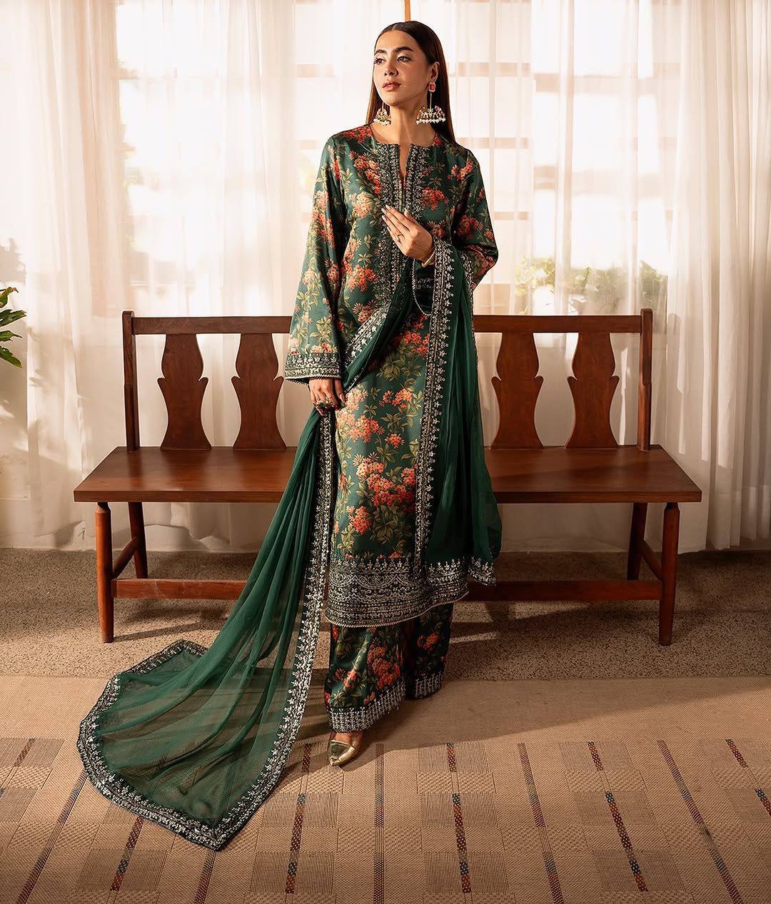  luxurious three-piece ensemble featuring a French silk top and pantwith dupatta