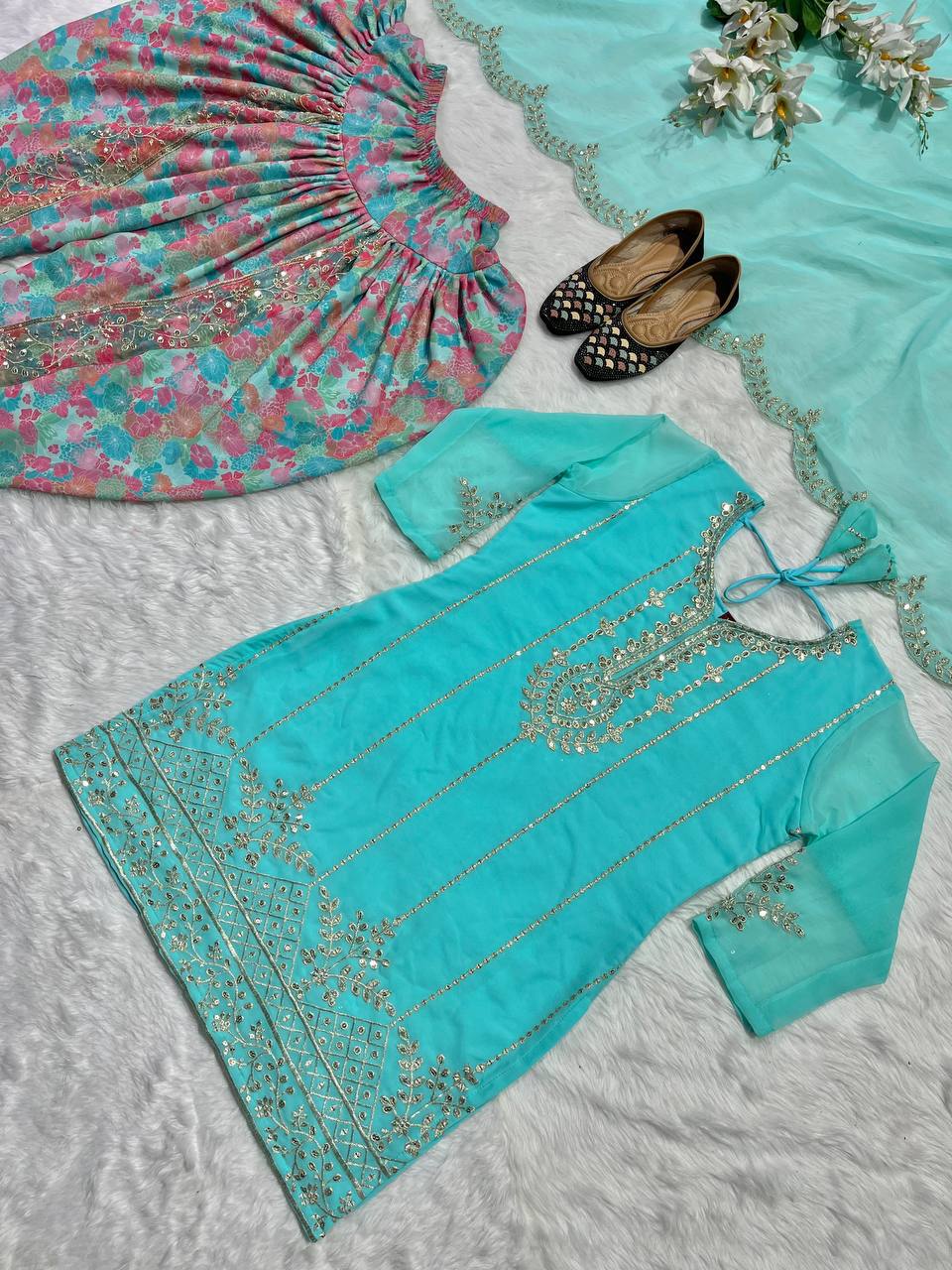 Faux georgette Top Dhoti Salwar Dupatta Set