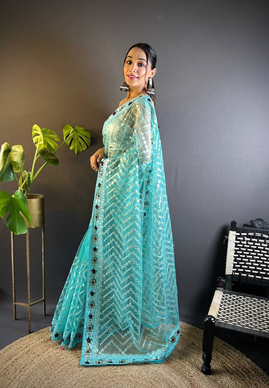 Butterfly Net saree, meticulously crafted with designer chain stitch embroidery