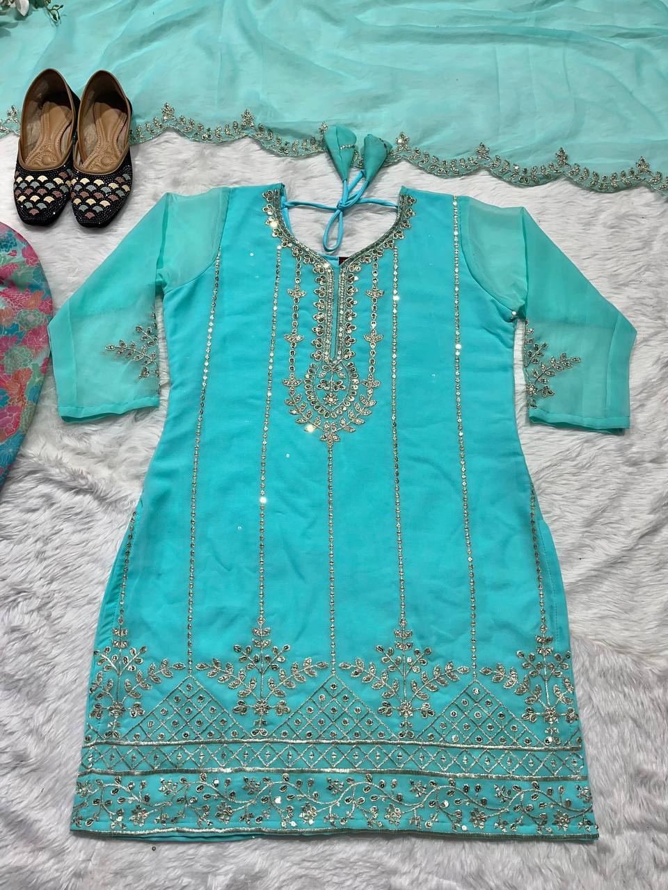 Faux georgette Top Dhoti Salwar Dupatta Set